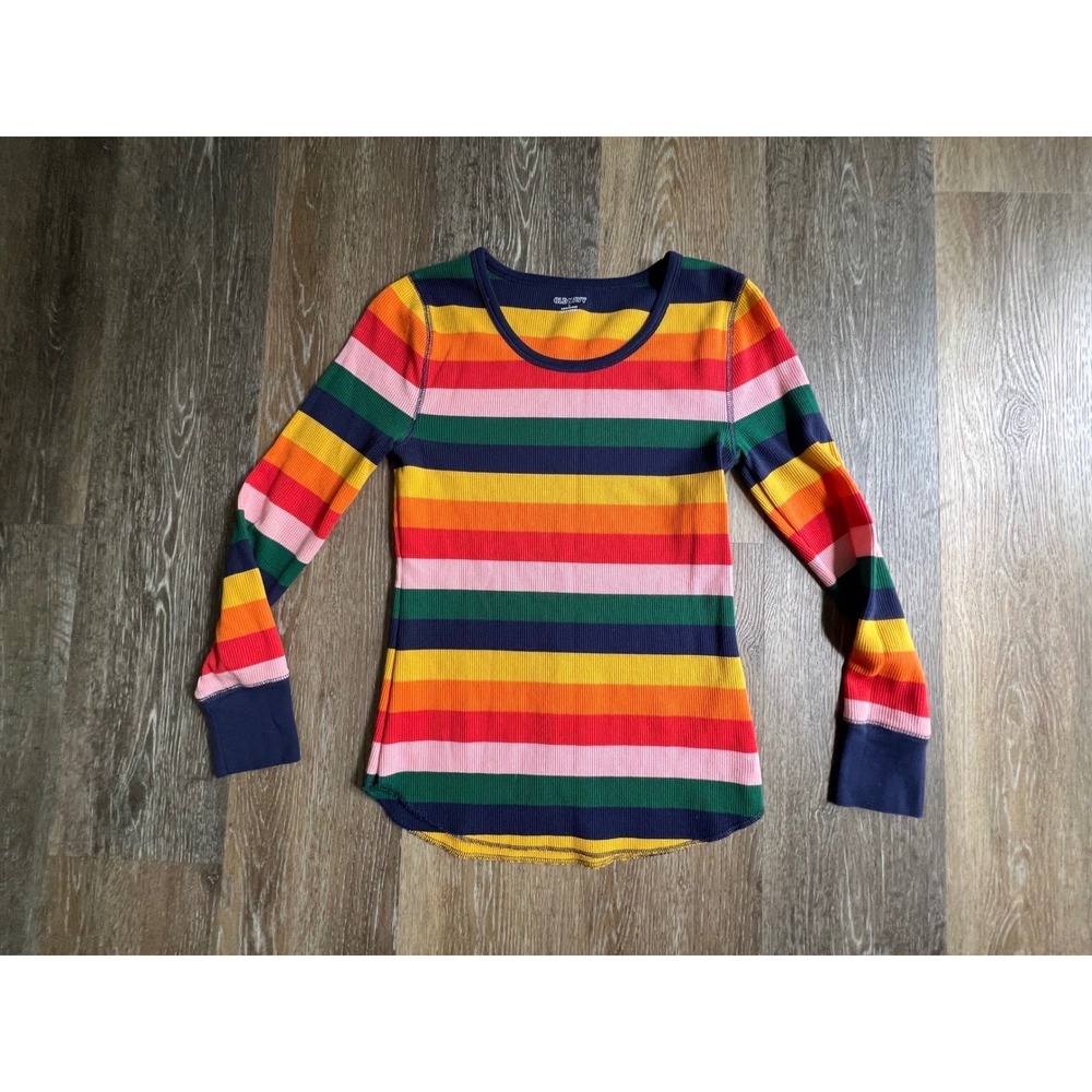 Old Navy Thermal Top Womens S Multicolor Rainbow Stripe Waffle Knit Long Sleeve